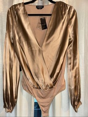 Bebe Metallic Gold Long-Sleeve Satin Bodysuit